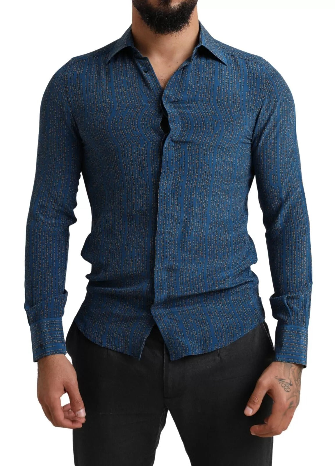 Uzun kollu ve dar kesimli Dolce & Gabbana Blue MARTINI ipek gömlek